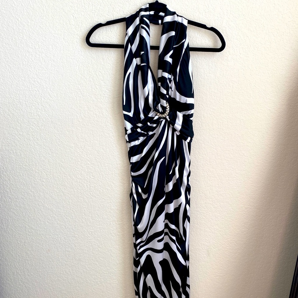 My Michelle Black and White patterned halter top formal dress